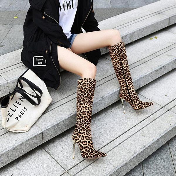 

winter fashion women boots pointed toe snake print leopard print boots 10cm heels shoes woman autumn female long tube, Black
