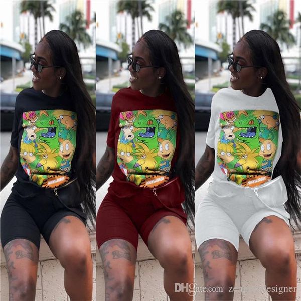 

womens summer 2pcs pants cartoon print crew neck short sleeve fashion femalel clothing solid color casual apparel, White