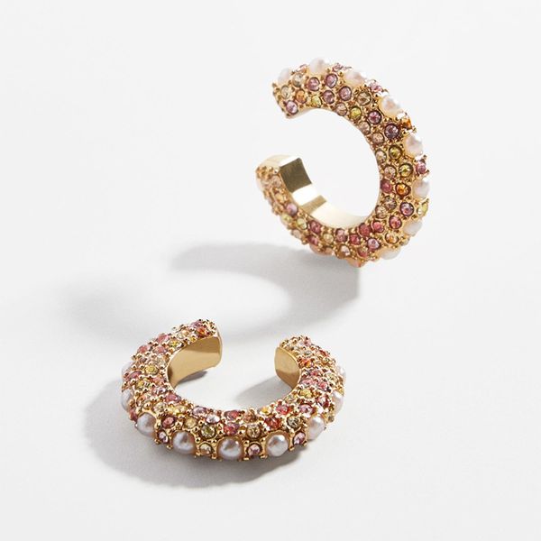 

2019 various styles golden color copper rainbow crystal cuff set earrings for women pave imitation pearl c shape clip earrings, Silver