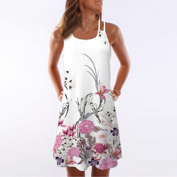 

women summer vintage sleeveless floral print bohe tank short mini dress 401#, Black;gray