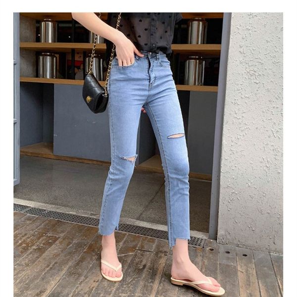 

2019 ripped jeans women's summer new korean version slim high waist small foot tight nine-point trousers, Blue