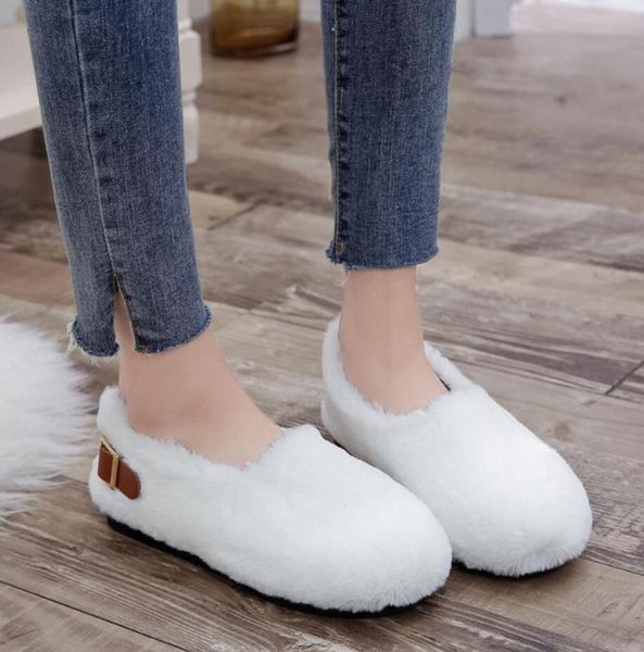 

long fur flats women slip on winter shoes with plush flat heel moccasins ladies belt buckle fur mules furry loafers, Black