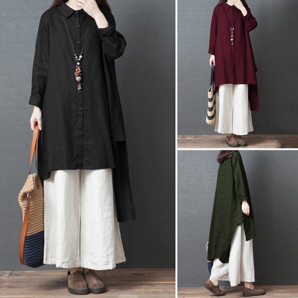 

zanzea women blouses 2019 autumn vintage ladies casual high low shirt elegant solid buttons down tunic blusas chemise 5xl, White