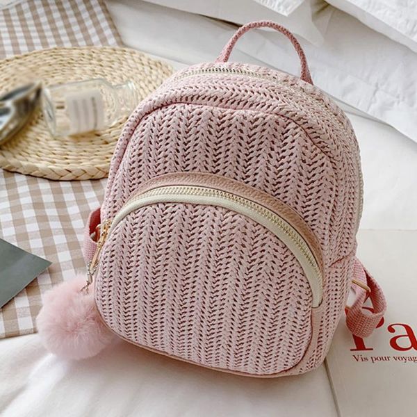 

small backpack fashion outdoor woven shoulder bag female straw rattan bag with hairball mini travel backpack mochila feminina