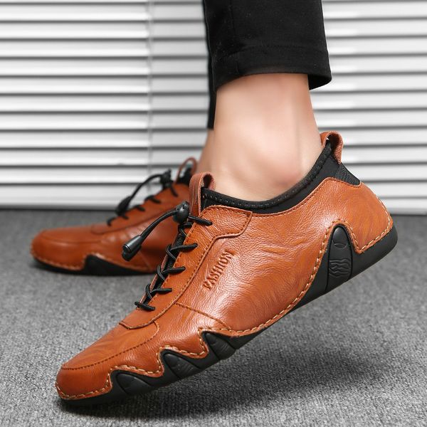 

breathable genuine leather men shoes men casual shoes summer mens loafers slip-on soft men's flat driving leather 46, Black