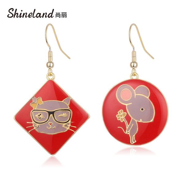 

shineland new cute lovely asymmetry cartoon dripping oil mouse cat animal drop earrings for women jewelry valentine's day gift, Silver