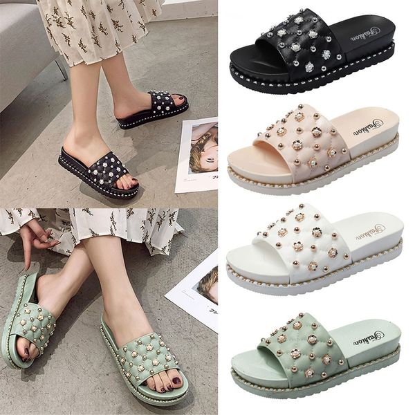

women's beaded decor home outdoor wear slippers fashion summer rivets sandals soft bottom flat with casual beach slides platform, Black