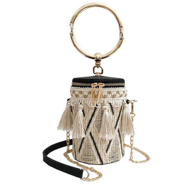 

fashion women retro weave feather tassel bucket bag crossbody bag shoulder borsa a tracolla da donna #zer