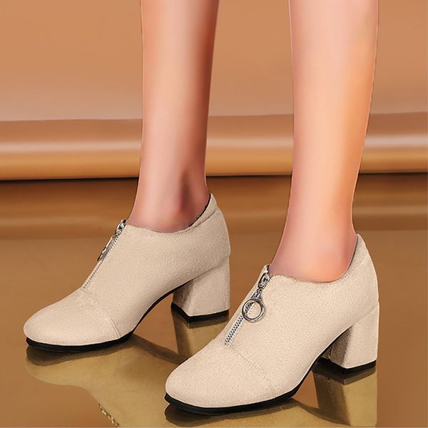 

women winter warm ankle shallow front zip flock square heels high boots boots women zapatos de mujer shoes woman #40, Black