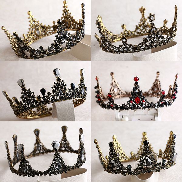

vintage black crystal crown baroque round queen bride crowns wedding tiara diadem hair jewelry pearl tiaras bridal headdress, Golden;white