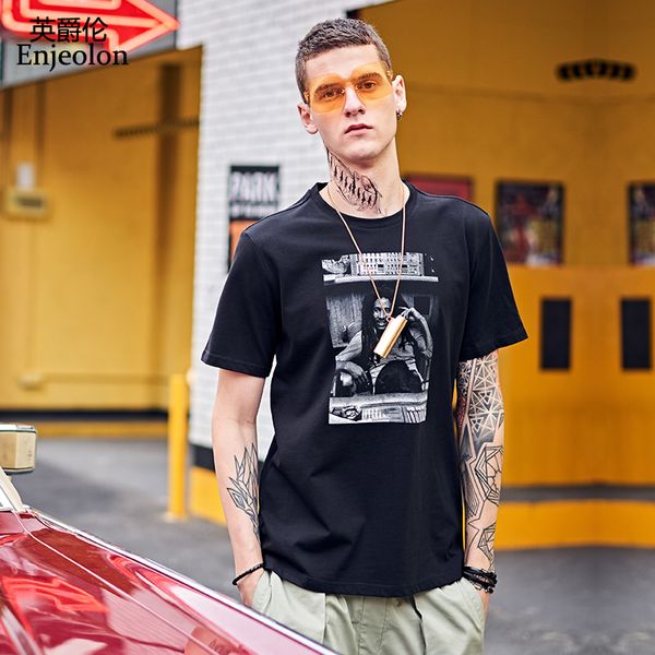 

enjeolon brand 2019 summer t shirt short sleeved casual o-neck cotton print male tee shirt 3xl coulples clothes t7335, White;black