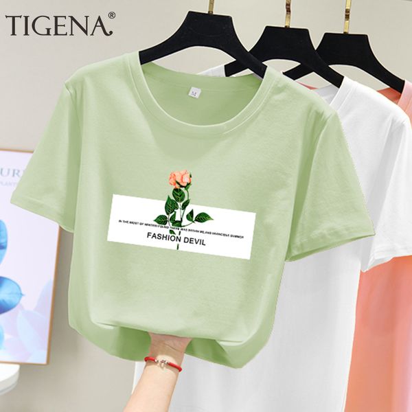 

tigena floral print t-shirt women 2020 summer fashion short sleeve t shirt women tees casual green tshirt female clothes, White