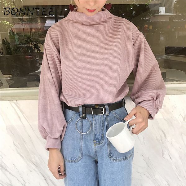 

hoodies ulzzang solid corduroy puff sleeve women chic sweatshirts trendy loose sweet casual womens korean style pullover fashion, Black