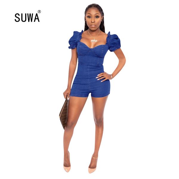 

women short jumpsuits and rompers 2020 summer blue short sleeve square collar high waist skinny playsuits streetwear, Black;white