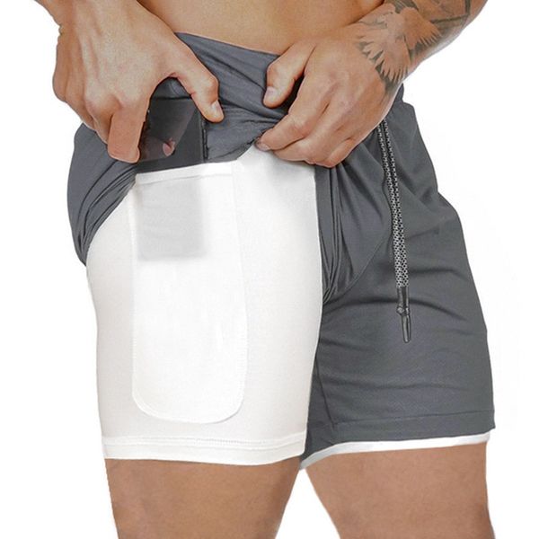 

men's 2 in 1 running shorts security pockets leisure shorts quick drying sport built-in pockets hips hiden zipper, White;black