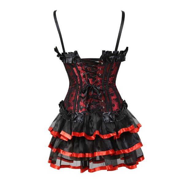

womens vintage dot ruffles zipper boned corsets waist cinching corset bustier with skirts gothic dress plus size corselet set, Black;white