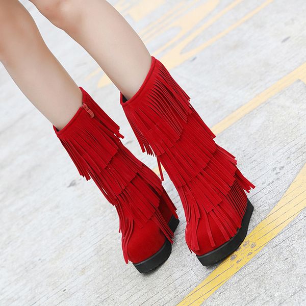 

women high boots chunky heel tassel boots thick bottom waterproof platform tassel motorcycle gladiator shoes bottes femme, Black