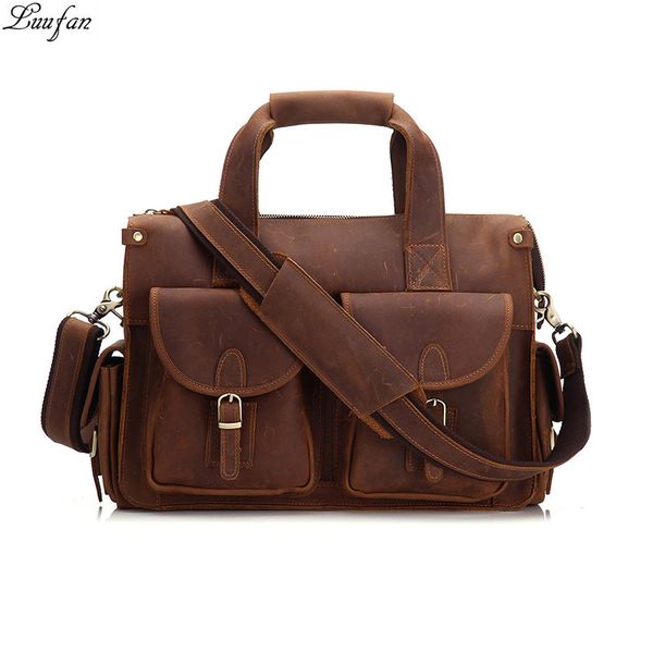 

vintage men's briefcase genuine cowhide leather 16" pc lapbag crazy horse leather business messenger bag work tote for man