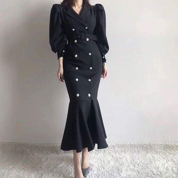 

korean vintage double breasted long suit dress women puff sleeve notched collar belted mermaid dresses vestido mujer 2020 spring, White;black