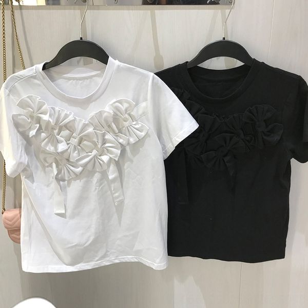 

japanese niche design 2020 solid cotton t-shirt pullover color pullover loose bow decorative stitching cotton t-shirt female, White