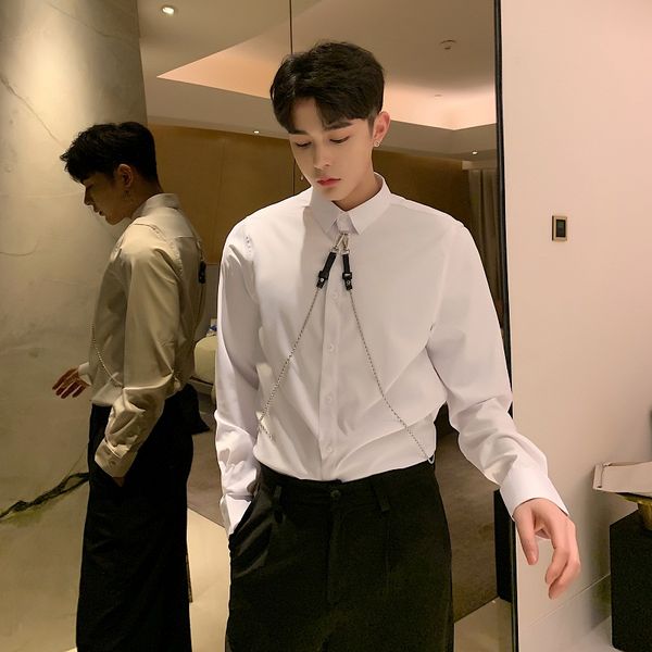 

мужчины цепи повседневный длинным рукавом slim fit shirt мужской streetwear мода хип-хоп рубашка партии рубашки платья весна одежда, White;black