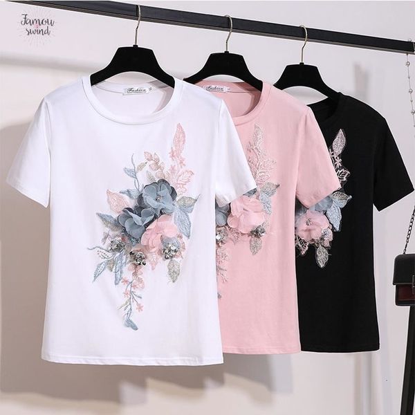 

2019 summer embroidery shirts flower t beading women o neck short sleeve girl t shirts women tee shirt, White