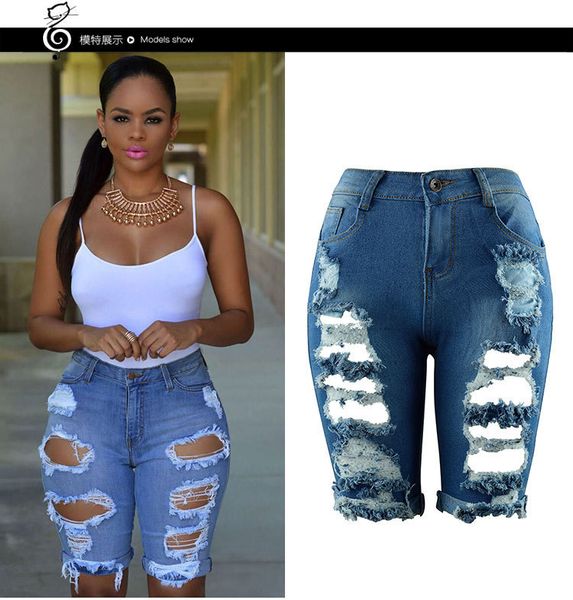 

liva high waist casual denim hole skinny ripped pants high waist stretch jeans plus size female short jean for woman, Blue