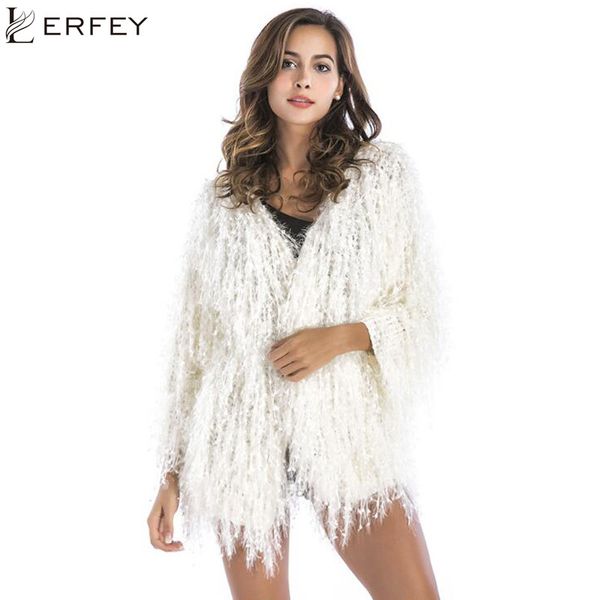 

lerfey women warm knitting jacket coats casual sweater female overcoat autumn winter hairy faux fur party coat cardigans, Black