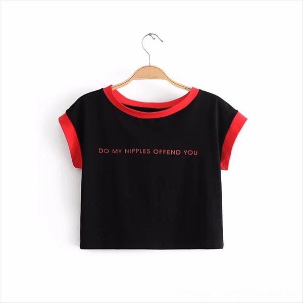 

18 summer collar red pinned small t-shirt pin letter printed short shoulder t-shirt women's half sleeve, White