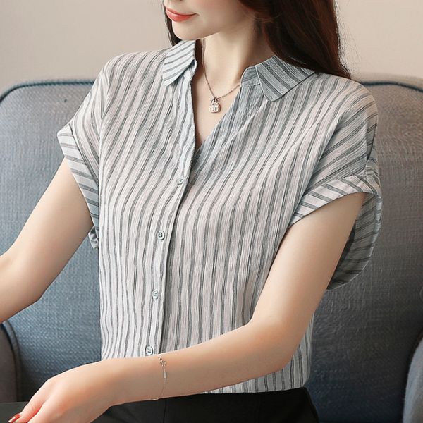 

fashion women blouses 2019 summer short sleeve women shirts v-neck striped office work blouse womens and blouses b162, White