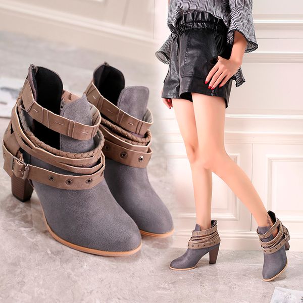 

belt buckle ankle boots for women 2019 autumn winter short knight boots british style pointed toe low heel ladies, Black