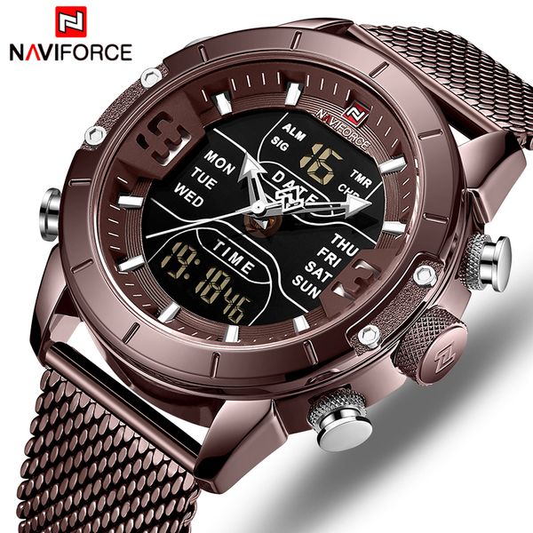 

naviforce watch luxury brand men military quartz wristwatch stainless steel mesh sports watches analog digital male clock, Slivery;brown