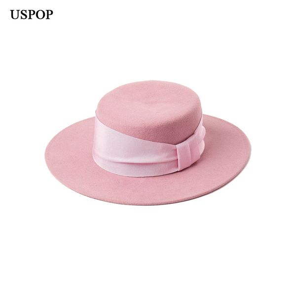 

uspop 2019 new autumn winter flat wool fedoras women wide bow ribbon wool hats fashion female solid color thick hats, Blue;gray