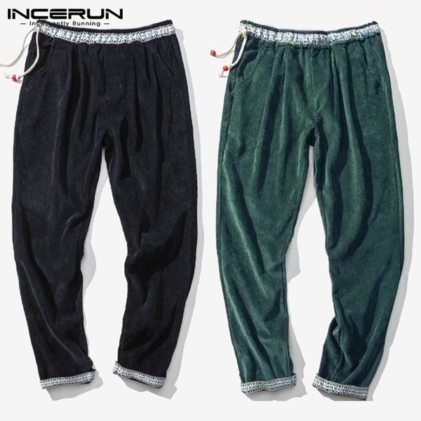 

incerun ethnic style men solid casual corduroy pants warm fashion sport comfort autumn joggers men stretch elastic trousers, Black