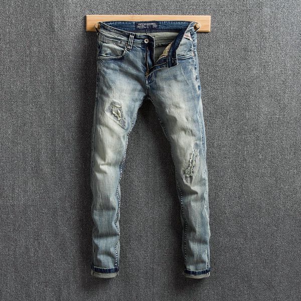

fashion streetwear men jeans slim fit retro wash ripped jeans men elastic distressed pants vintage designer hip hop hombre, Blue