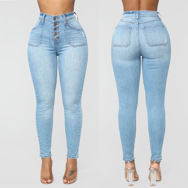 

summer button stretch tight ladies jeans high waist ladies jeans casual female pencil pants straight slim feet, Blue
