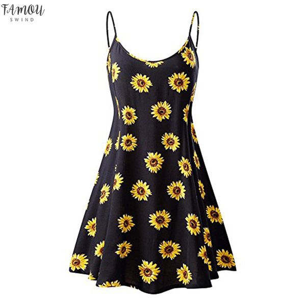 

2020 summer dresswomen's vintage printed sleeveless strappy beach swing camis dress fashion casual sundress, Black;gray