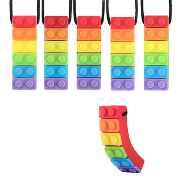 

silicone teething necklace rainbow brick chew pendant sensory necklace baby teethers blocks chewable toys children bite soothers m907