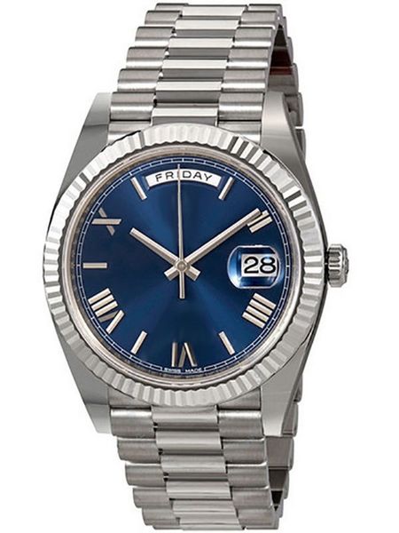 

luxury mens watch 40mm day date blue dial diamond face big date automatic mechanics watch men sapphire glass stainless steel wristwatches, Slivery;brown