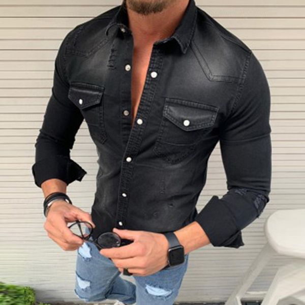

denim shirts men shirts and blouses autumn slim fit camisa masculina long sleeve jeans shirt male blusas mujer de moda nice, White;black