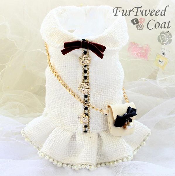 

бесплатная доставка ручной работы роскошная одежда для собак vintage c style tweed chain bag pearl classic dog dress осень зима весна малень