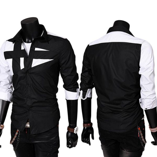 

1pcs men's shirts long-sleeved shirt fashion splicing shirt, White;black