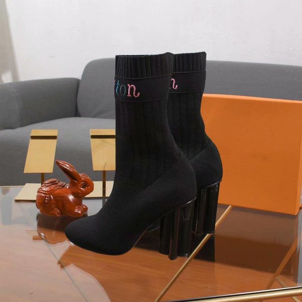 

new silhouette ankle boot women high heels winter warn botas stretch fabric bootie monogram flower heel ladies wedding party shoes, Black