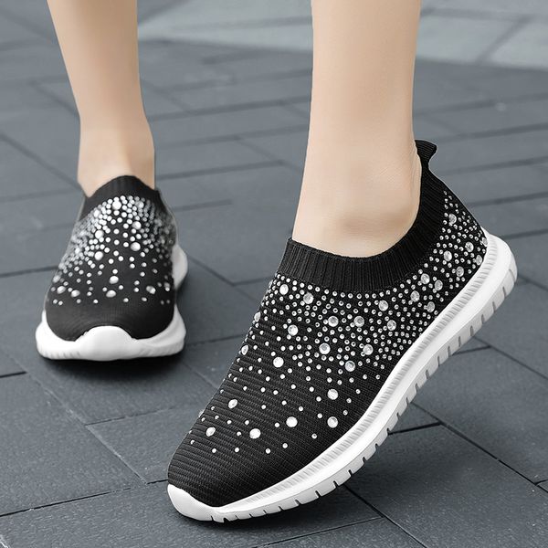 

women flats shoes woman slip on plus size breathable mesh sneakers shoe shiny crystal chaussures femme zapatos mujer sapatod1233, Black
