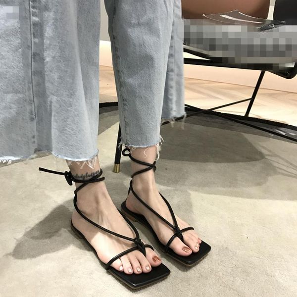 

mid-calf strap flat sandal shoe fashion womens shoes 2020 sandals summer woman women's heels open toe suit female beige flower, Black