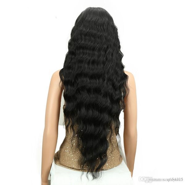 

noble long black wig deep wave high temperature fiber middle part 30 inch 150% heavy density lace front synthetic wigs for women