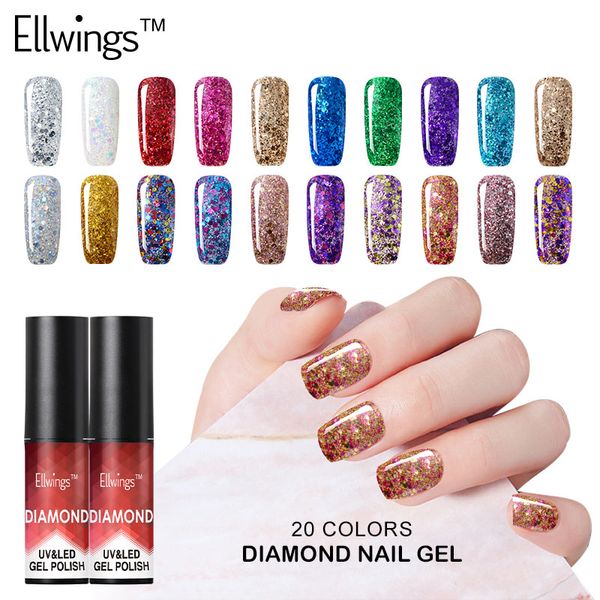 

ellwings 20 colors diamond nail glitter gel soak off gel nail polish shimmer uv hybrid color art varnish, Red;pink