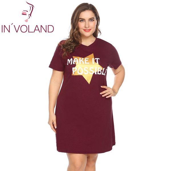 

women's sleepwear in'voland plus size women dress xl-5xl spring summer letter star print large sleepshirt nightgown lounge big, Black;red