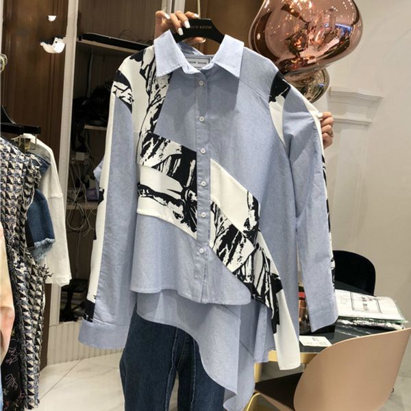 

ewq] 2019 новая модная одежда с полным рукавом печатных однобортный полный рукава асимметричная рубашка женская блузка wg72605, White