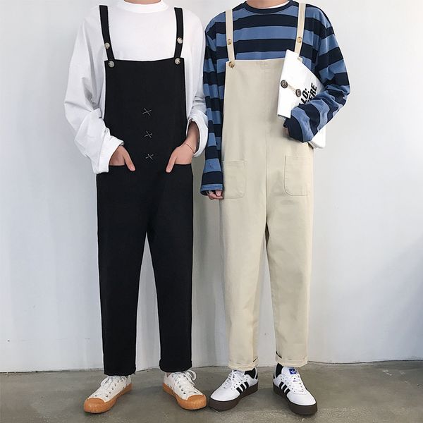 

2019 men's leisure salopettes cotton rompers casual pants loose trousers black/white color overalls jumpsuit big size s-3xl